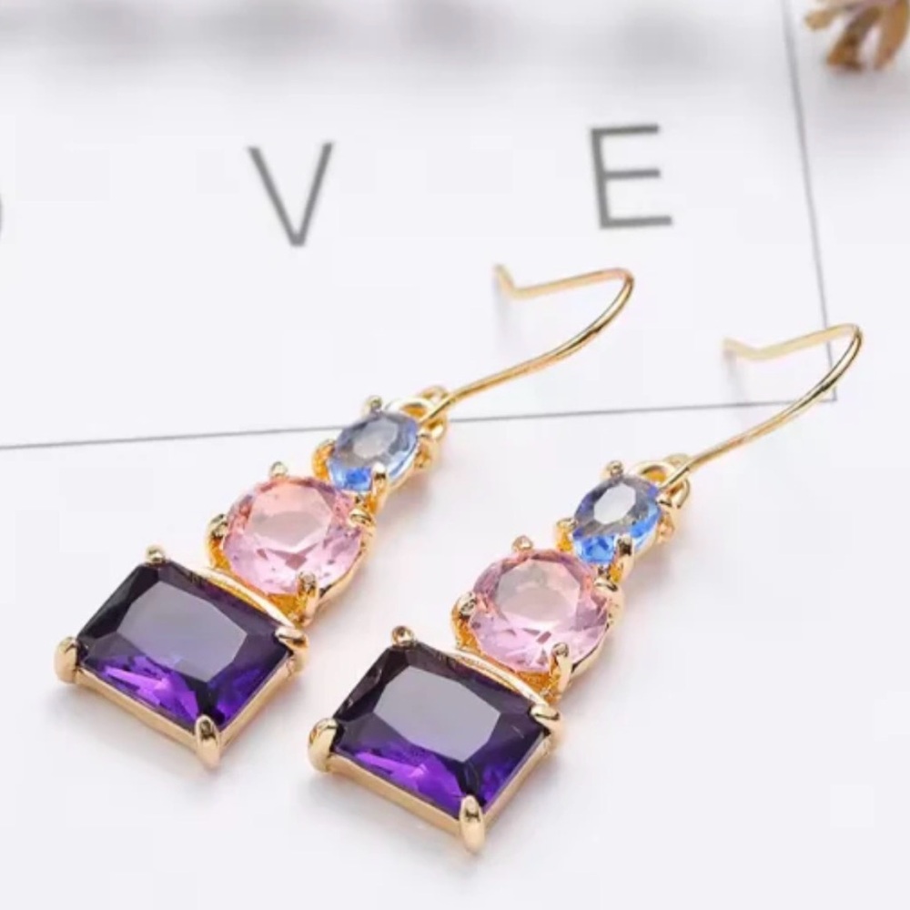 Chic Gold Plated Drop Earrings with Purple and Pink Gems. New.